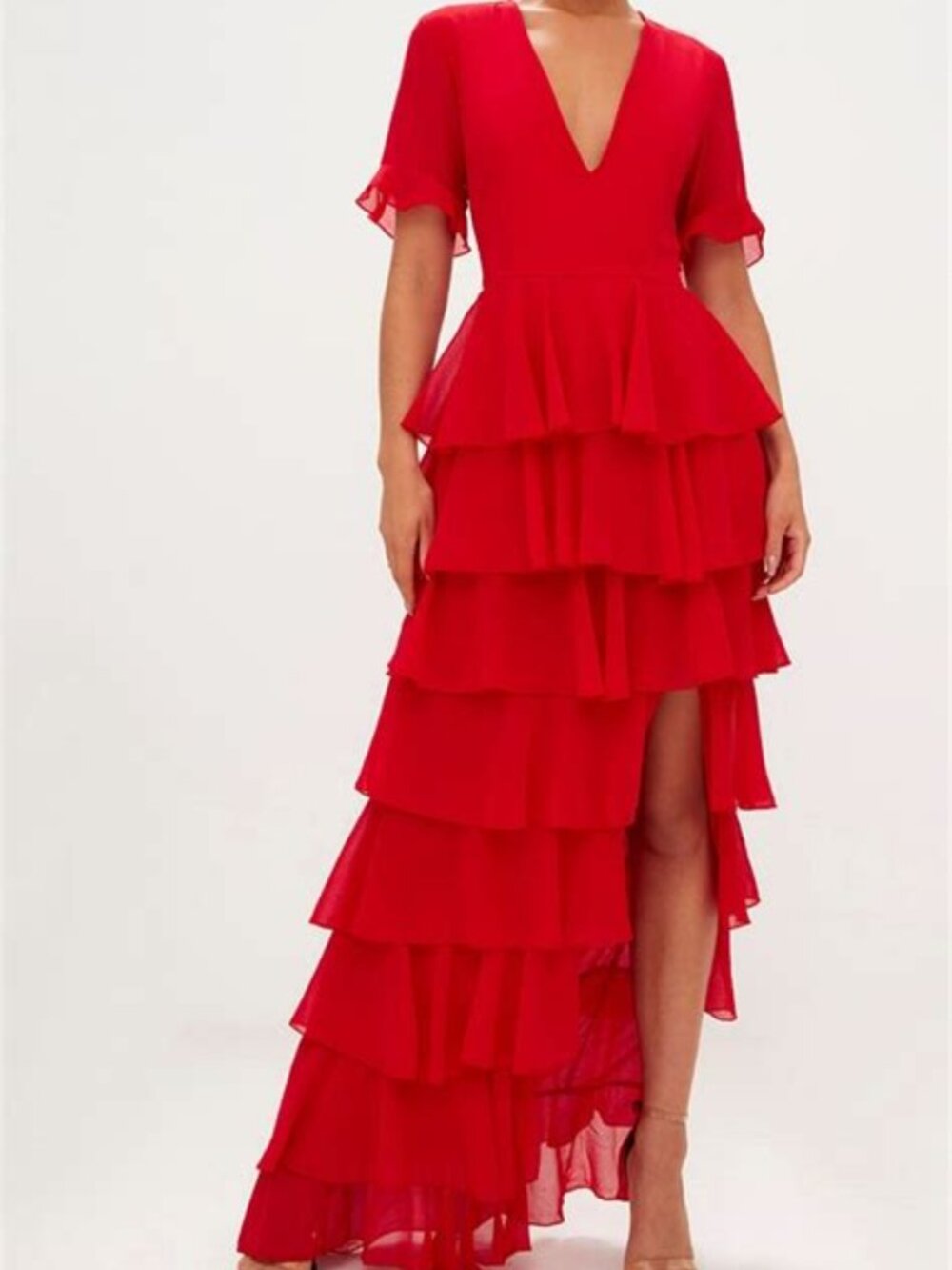 Pretty Little Thing Brand Red Chiffon Ruffle Maxi Dress Size 2